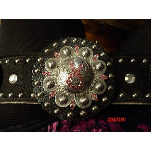 Western Beautiful Black and‎ Silver Leather Concho Belt Cancer Free Ribbon main image 7